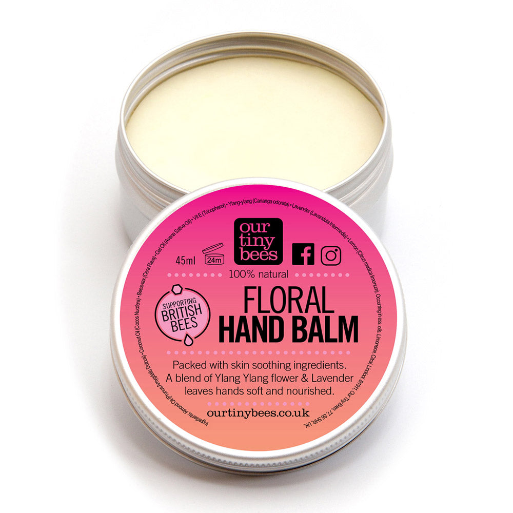 Our Tiny Bees Beeswax Floral Hand Balm in tin on white background