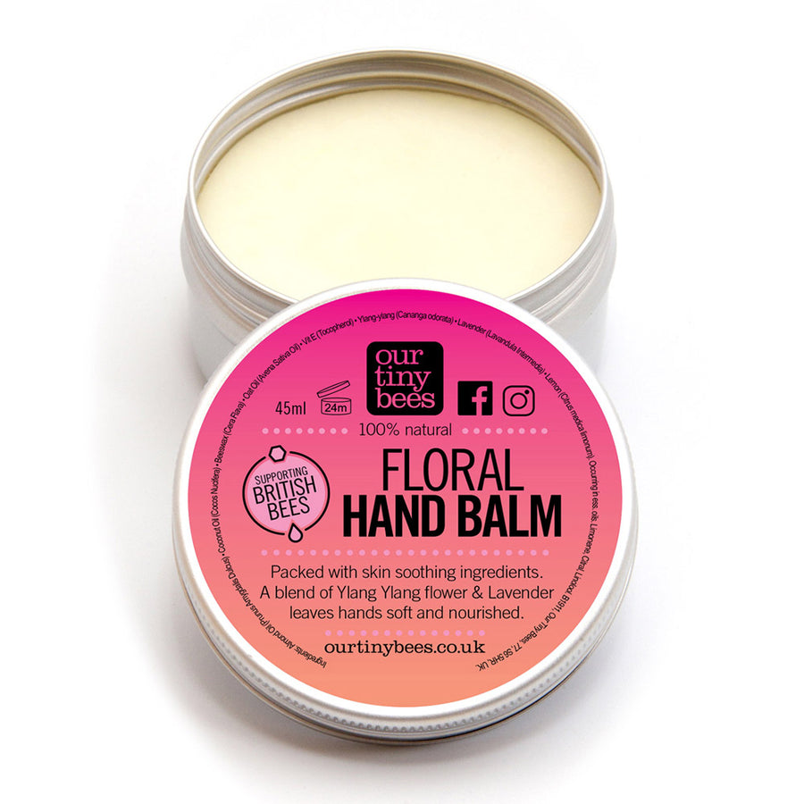 Our Tiny Bees Beeswax Floral Hand Balm in tin on white background