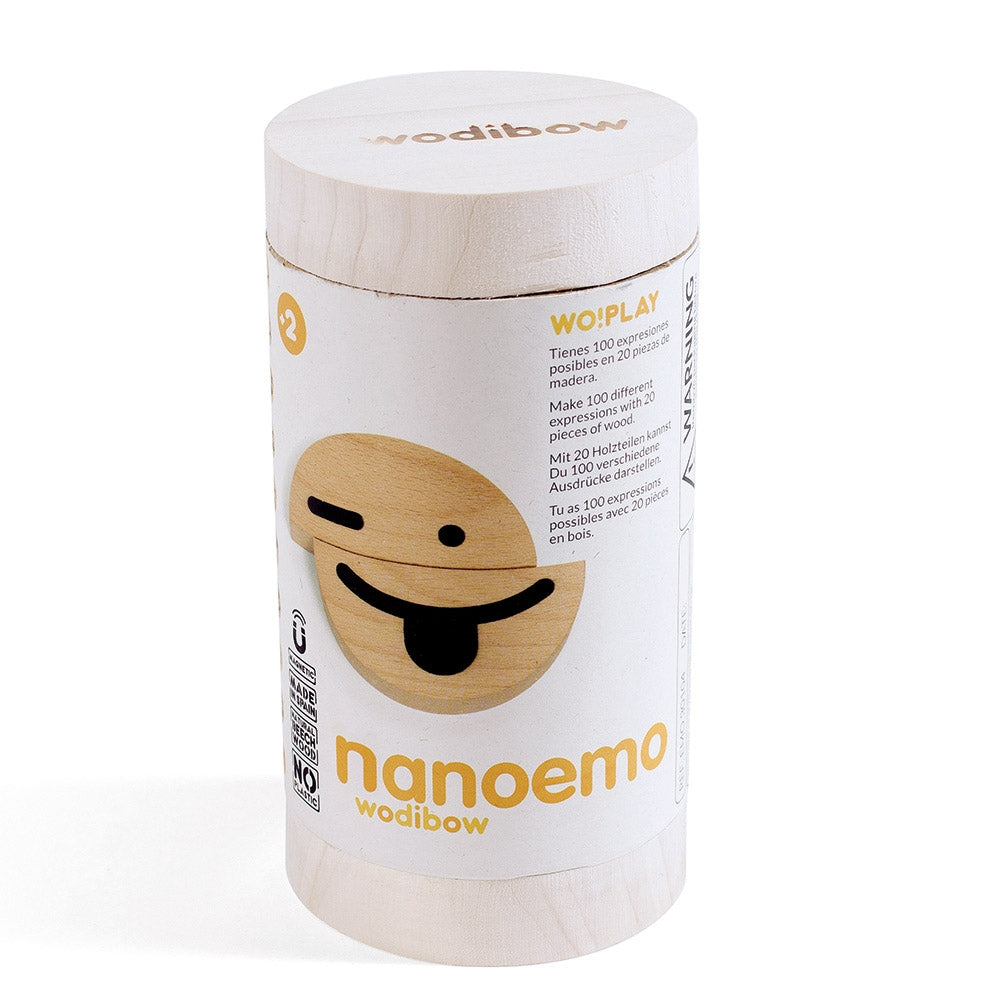 Wodibow Emoji Play Set Nano in their wooden tube packaging pictured on a plain white background