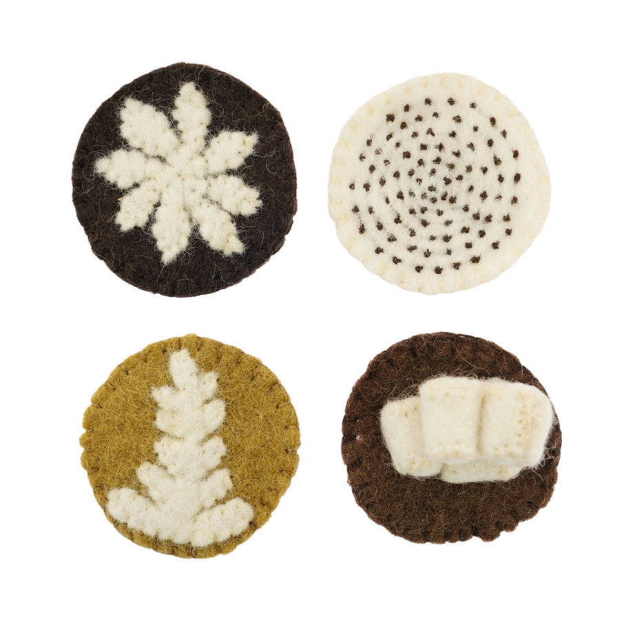 4 Papoose knitted felt hot drink play food accessories laid out on a white background