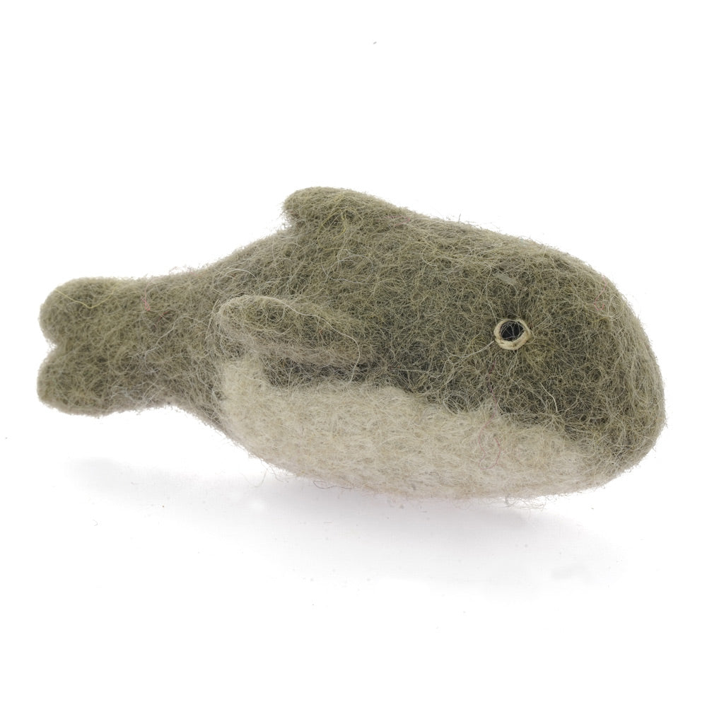 Papoose childrens handmade felt dolphin toy figure on a white background