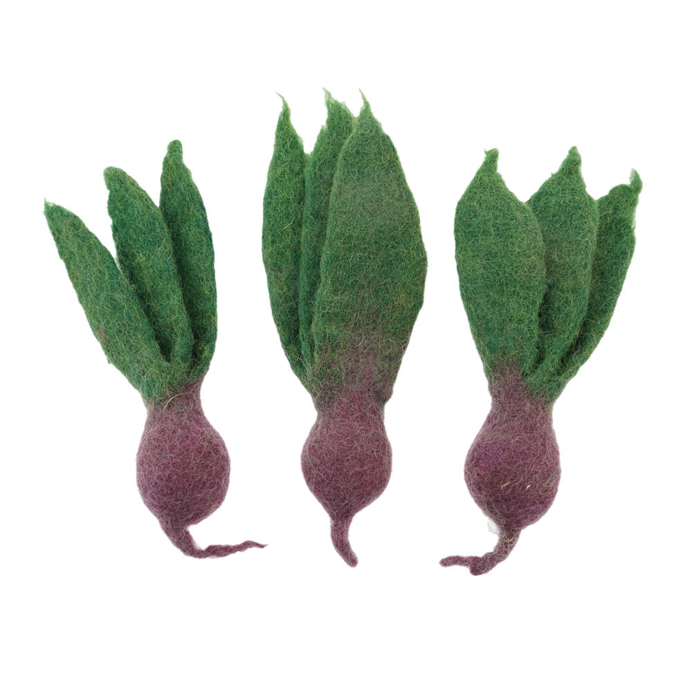 3 Papoose handmade mini felt play food beetroots laid out on a white background