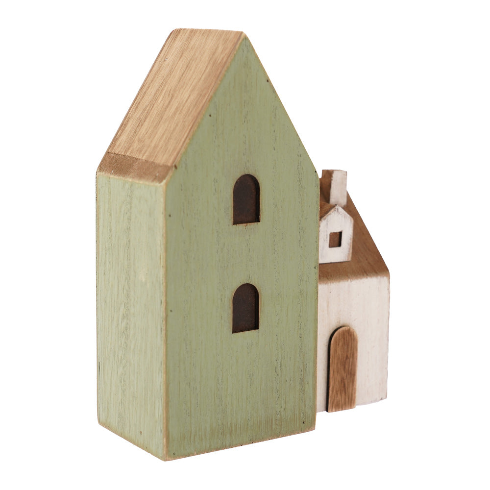 Close up of a green house from the Papoose wooden toy town houses play set on a white background