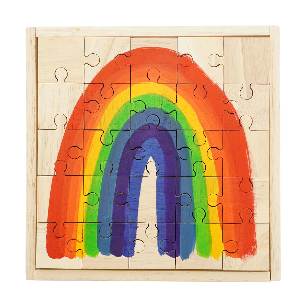 Papoose handmade wooden bright rainbow childrens jigsaw puzzle on a white background