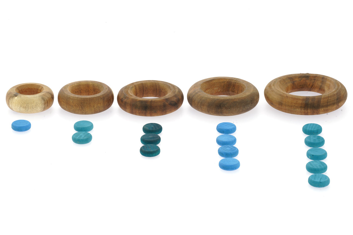 Papoose motessori wooden rings lined up in order of size next to some Grapat counters for number play