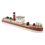 Papoose childrens handmade wooden fishing boat model on a white background