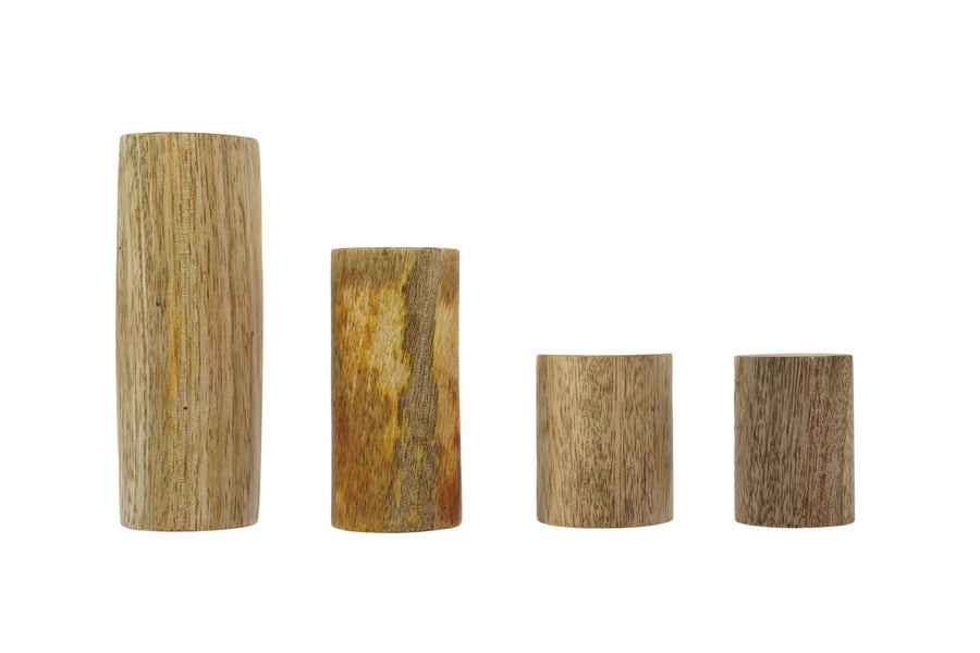 4 Papoose eco-friendly wooden stacking logs lined up on a white background