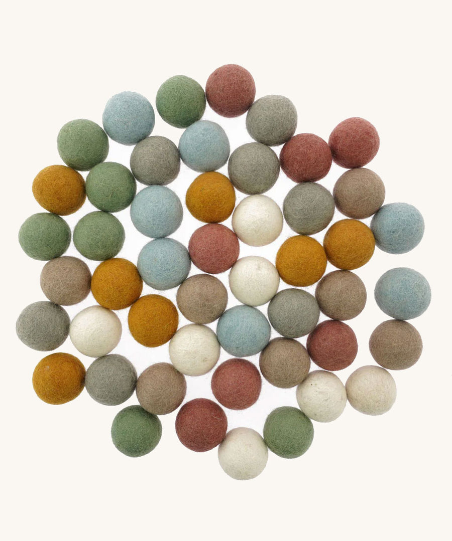 The Papoose Toys 5cm Felt Earth Balls - 49 Pack on a plain background. 