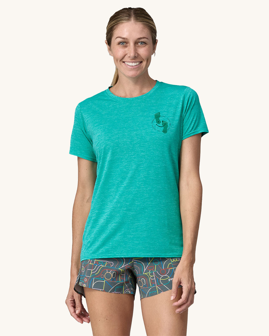  showing a patagonia running footprint logo on the front of the t-shirt