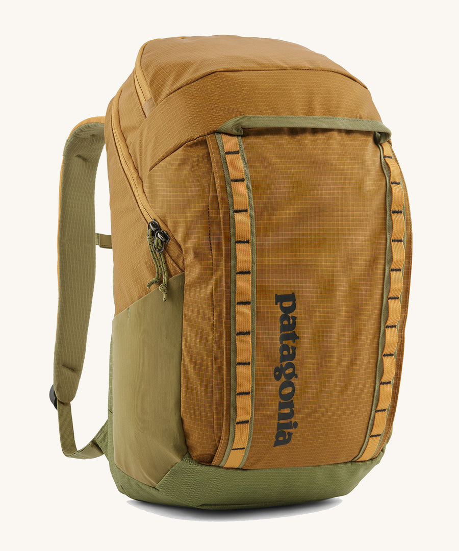 Patagonia Black Hole Recycled Backpack 32L - Pufferfish Gold, in burnt yellow and olive green, on a cream background