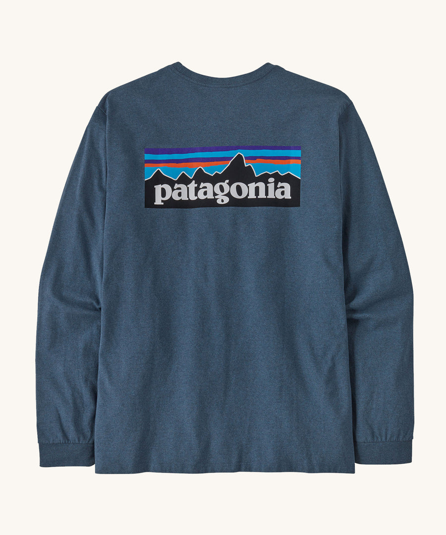 Patagonia Adult  L/S P-6 Logo Responsibili-Tee Utility Blue on a plain background showing the back