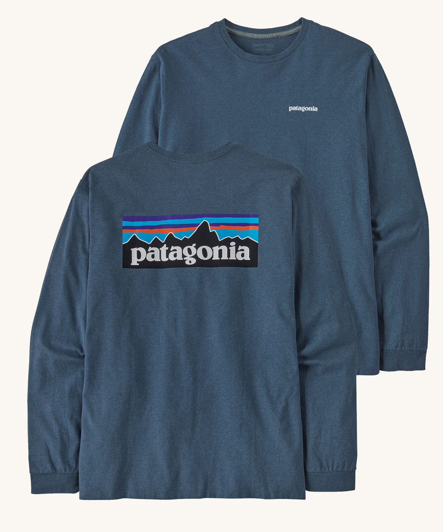 Patagonia Adult  L/S P-6 Logo Responsibili-Tee Utility Blue on a plain background showing both front and back