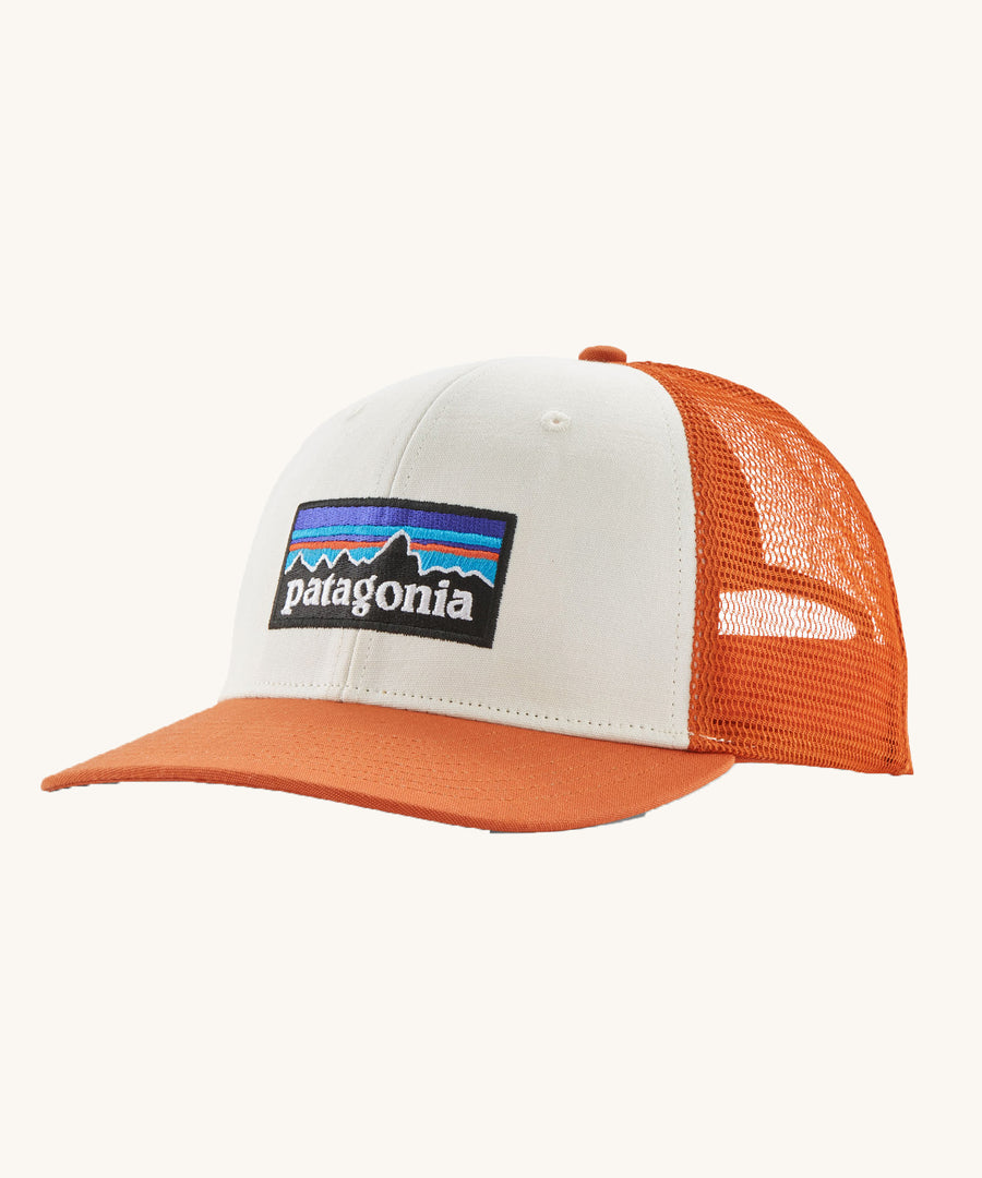 Patagonia Adult P-6 Logo Trucker Hat in White Redtail Rust pictured on a plain background