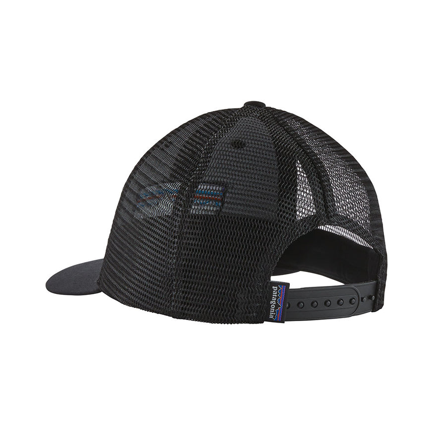 Back of the Patagonia eco-friendly P6 logo lopro trucker hat on a white background