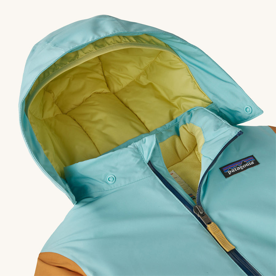 Hood and zip detail on the Patagonia Little Kids Snow Pile One-Piece.