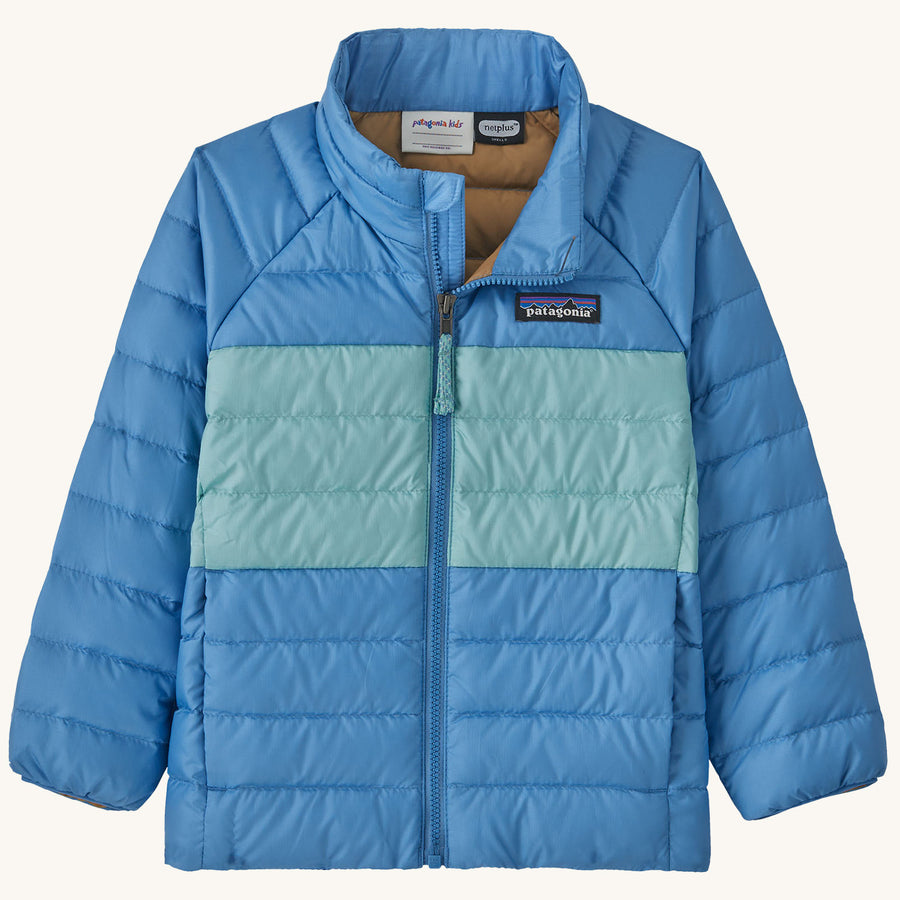 Patagonia Little Kids Down Insulated Sweater Jacket - Blue Bird on a plain background.