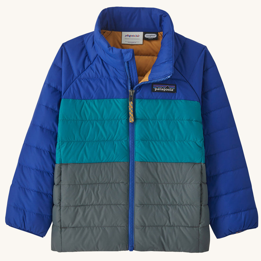 Patagonia Little Kids Down Insulated Sweater Jacket - Passage Blue on a plain background.