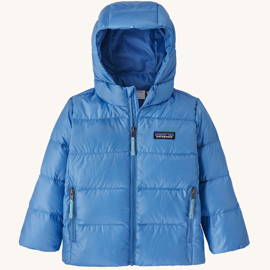 Patagonia Little Kids Hi-Loft Down Sweater Hoody Jacket - Blue Bird on a plain background.