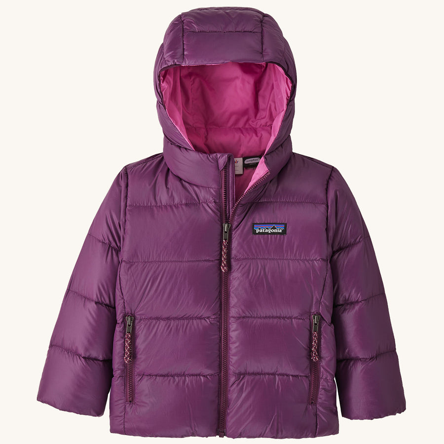 Patagonia Little Kids Hi-Loft Down Sweater Hoody Jacket - Night Plum on a plain background.