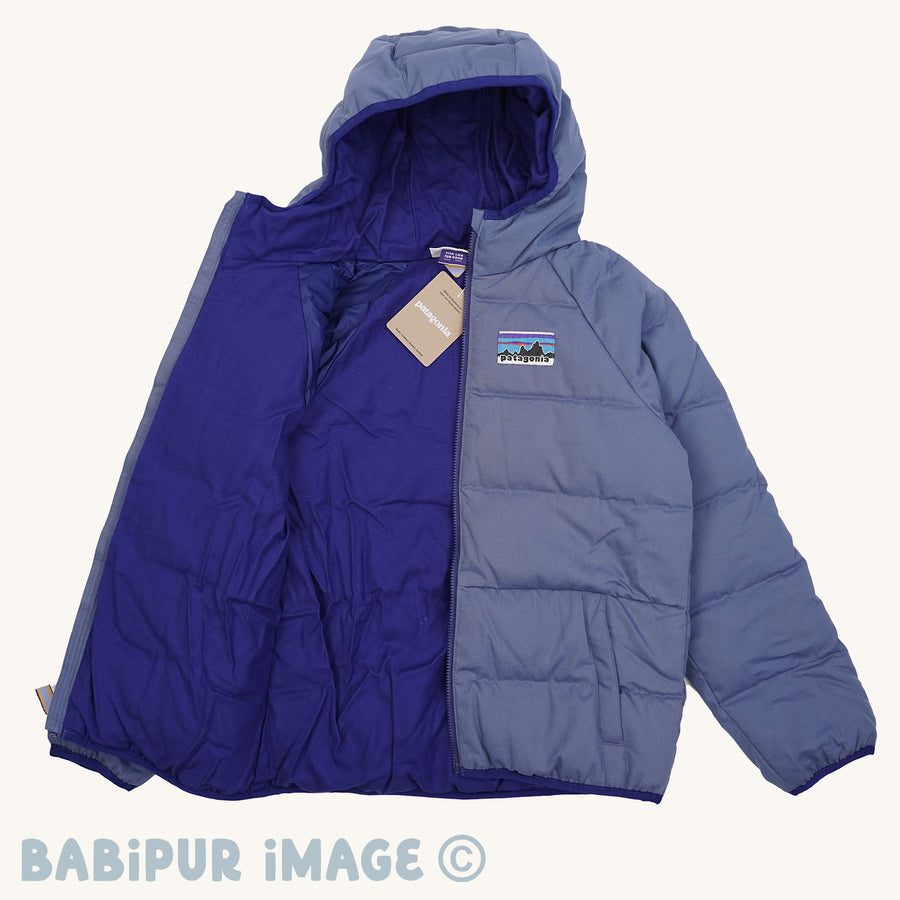 Patagonia Kids Cotton Quilted Down Jacket - Current Blue on a plain background. The jacket has one side open showing the inside.