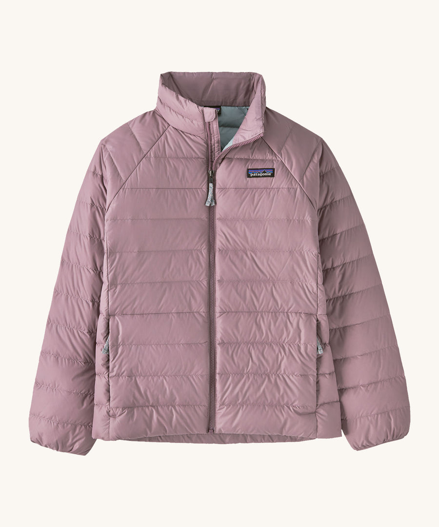  Patagonia Kids Down Sweater in a Stormy Mauve pink colour on a plain background.