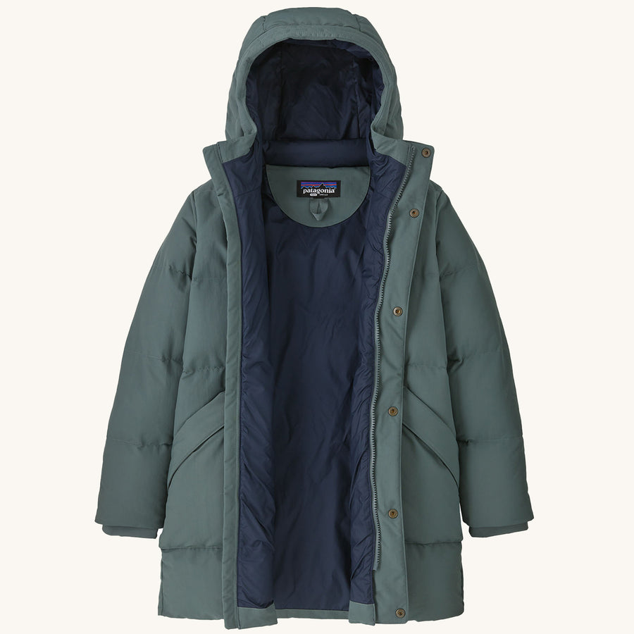 Unzipped Patagonia Kids Downdrift Parka - Nouveau Green on a plain background.