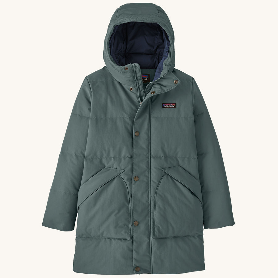 Front of the Patagonia Kids Downdrift Parka - Nouveau Green on a plain background.