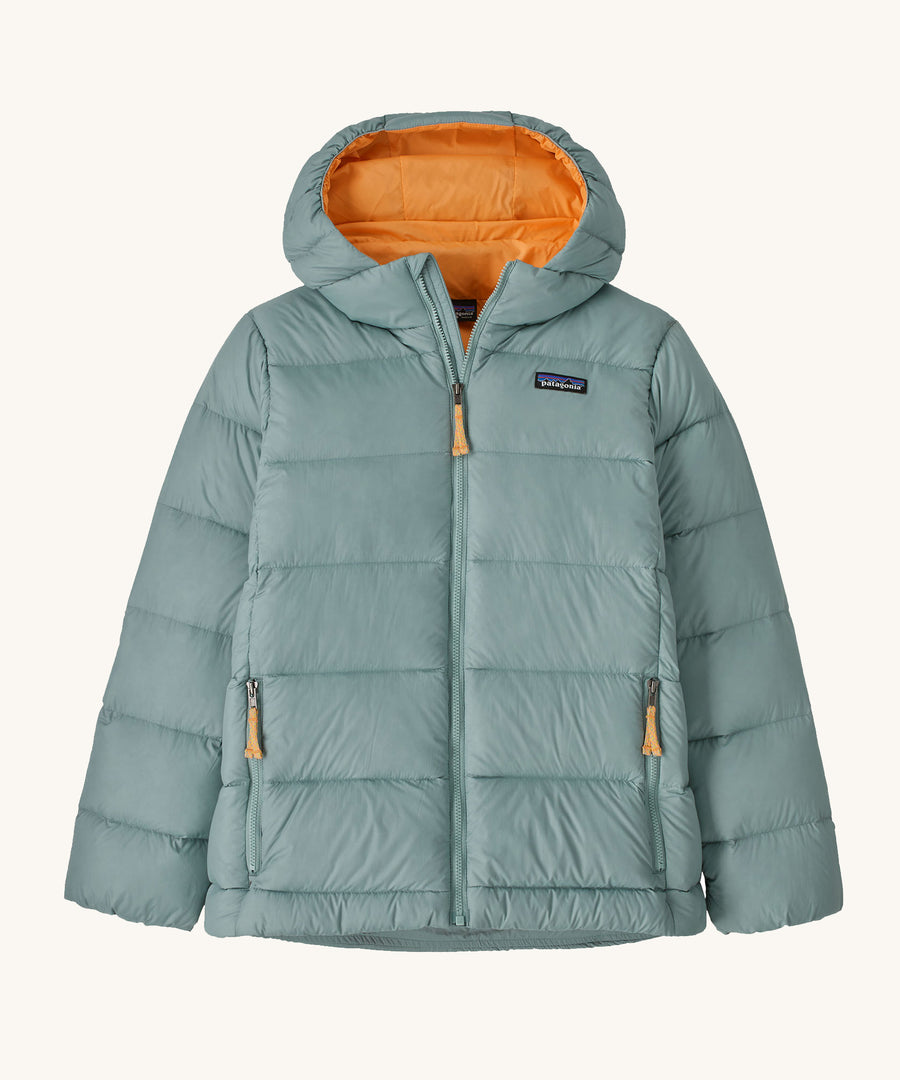 Patagonia Kids Hi-Loft Down Sweater Hoody in a Thermal Blue colour on a plain background. 