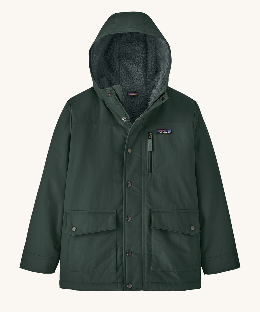 Patagonia Kids Infurno Jacket in a dark Northern Green colour on a plain background. 