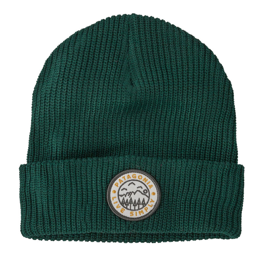 Patagonia Kids Logo Beanie with a Live Simply Crest in a Pinyon Green colour on a plain white background