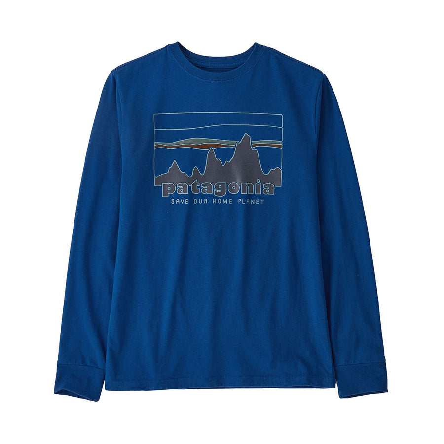 Patagonia kids regenerative Organic cotton long sleeve graphic t-shirt in the Superior Blue colour on a white background