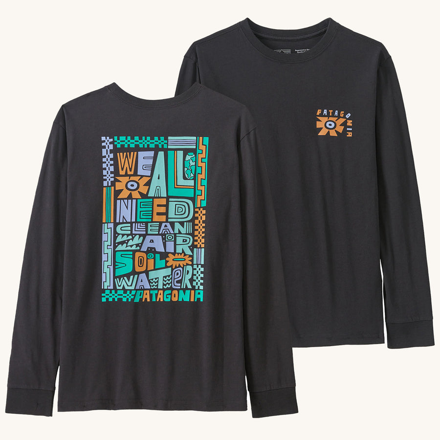 Patagonia Kids Long Sleeve Regenerative Organic Cotton Graphic T-shirt - Ink Black. The front and back of the shirt are shown to show the graphic print on both sides.