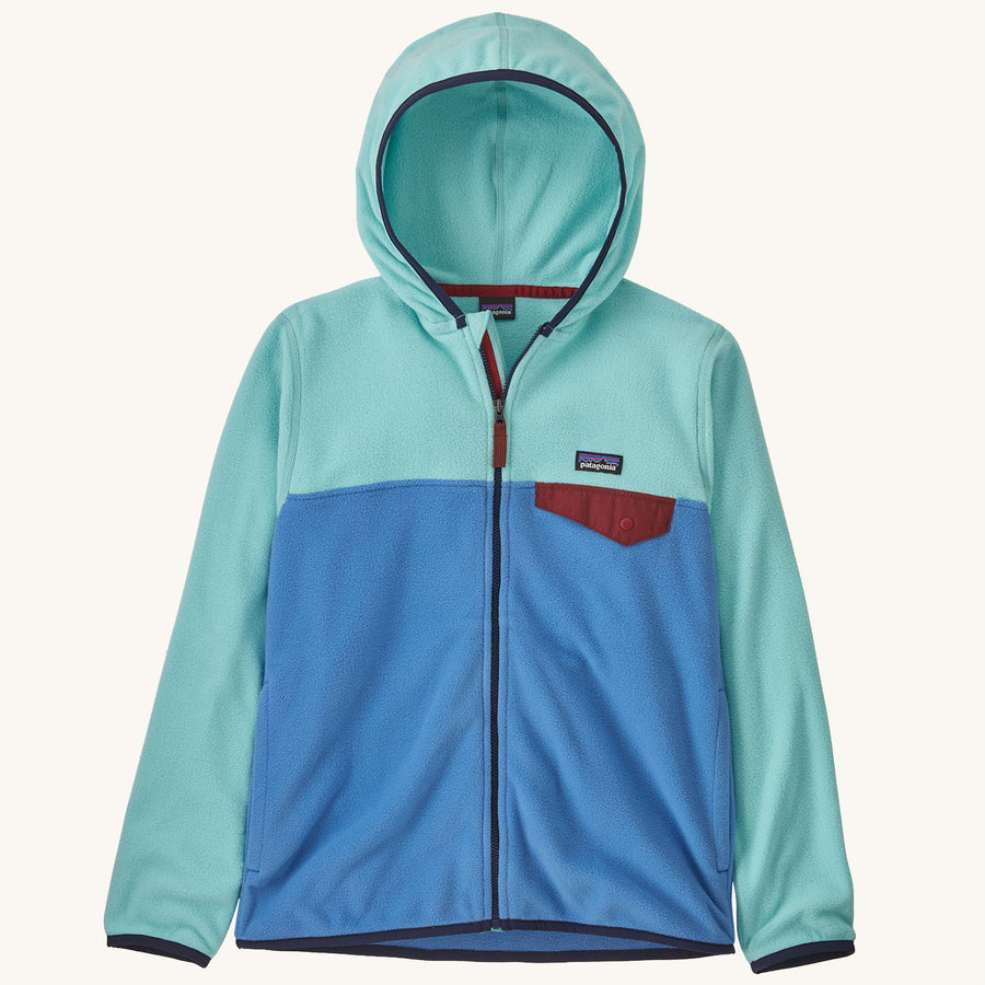 Patagonia Kids Micro-D Hooded Fleece Jacket - Blue Bird on a plain background.