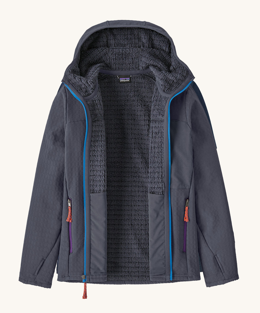 Patagonia Kids R2 TechFace Hoody in a  Smolder Blue colour with zip fully open on a plain background.