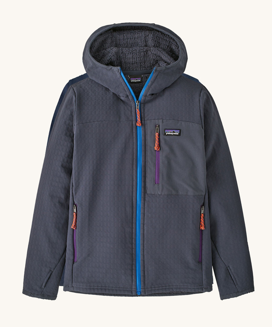 Patagonia Kids R2 TechFace Hoody in a  Smolder Blue colour pictured on a plain background.