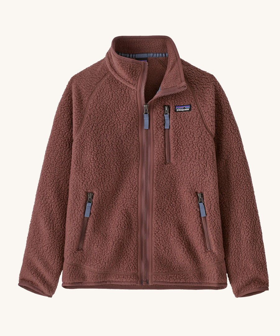 Patagonia Kids Retro Pile Fleece Jacket in a Dulse Mauve colour on a plain background.