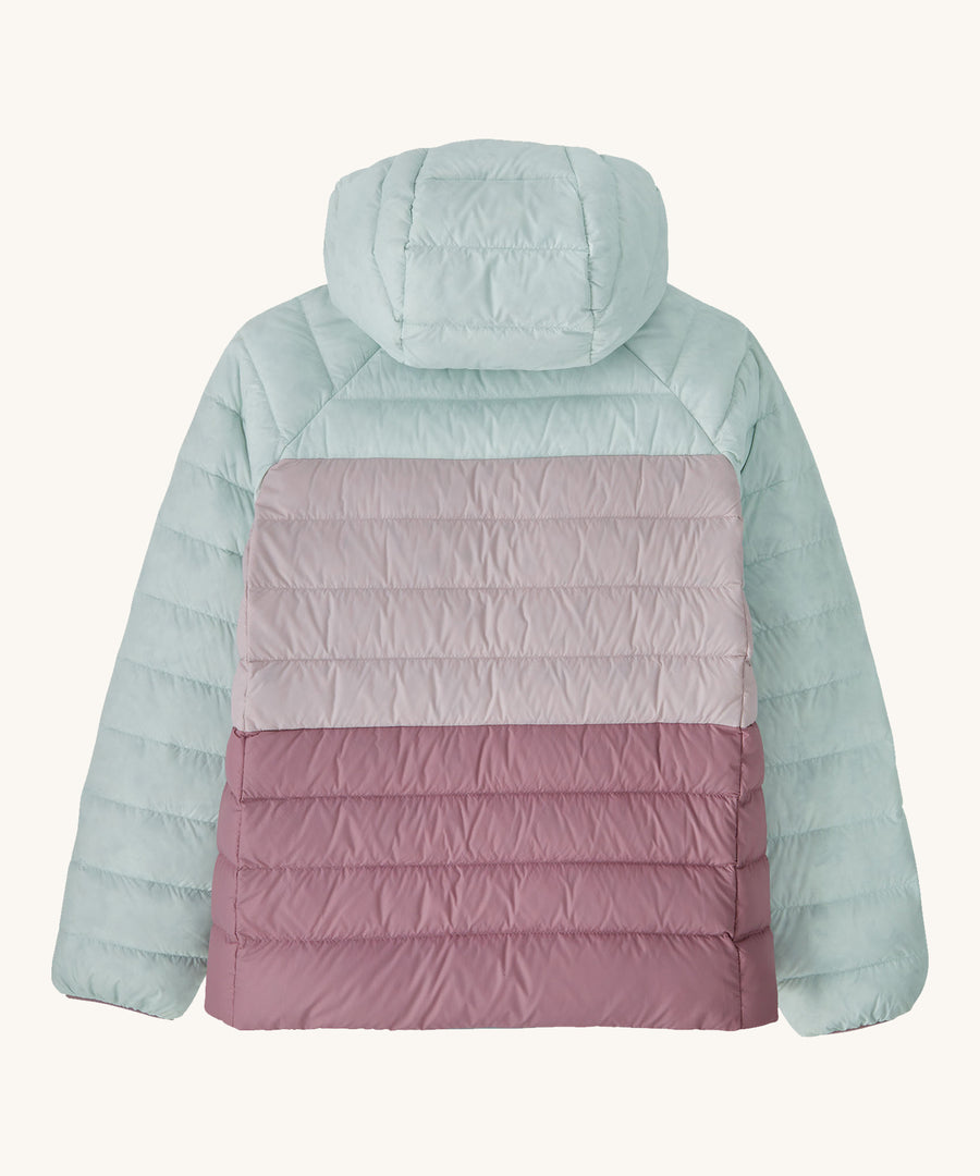 Patagonia Kids Reversible Down Hoody in a Thermal Blue colour showing the back of the jacketon a plain background.