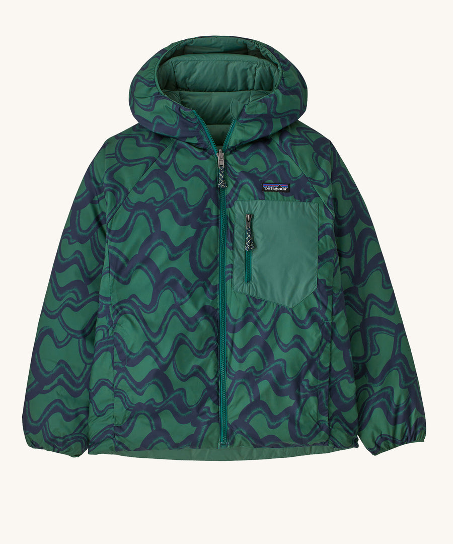 Patagonia Kids Reversible Down Hoody Conifer Green showing the wavy patterned side.