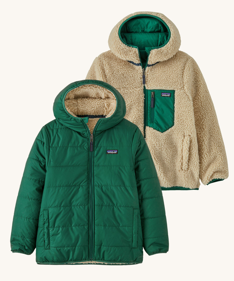 Patagonia Kids Reversible Ready Freddy Hoody in a Conifer Green showing both sides on the jacket on a plain background.