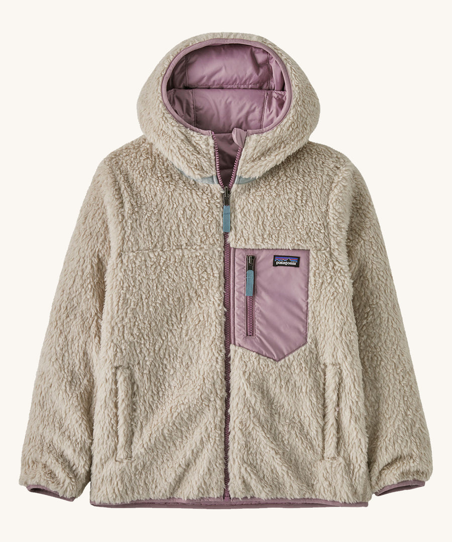 Patagonia Kids Reversible Ready Freddy Hoody in a Stormy Mauve colour showing the fleece side of the jacket.