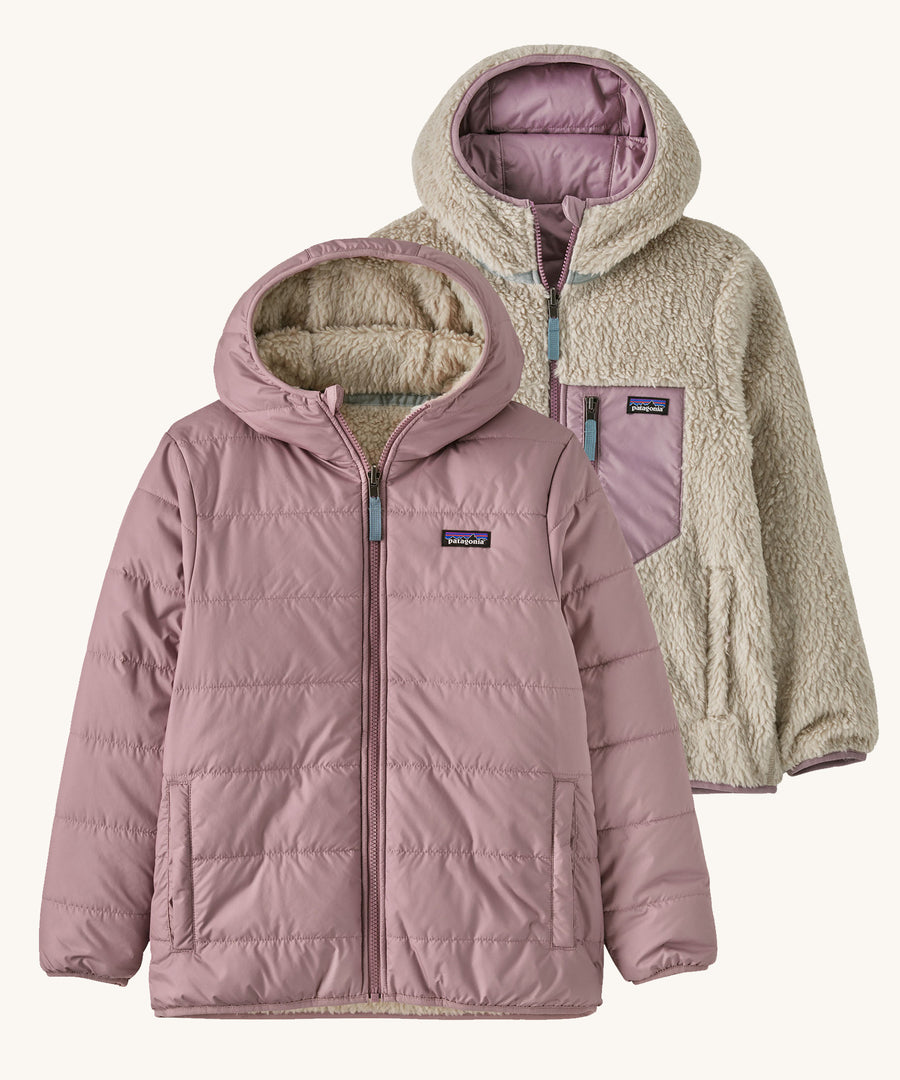 Patagonia Kids Reversible Ready Freddy Hoody in a Stormy Mauve colour showing both sides of the jacket.