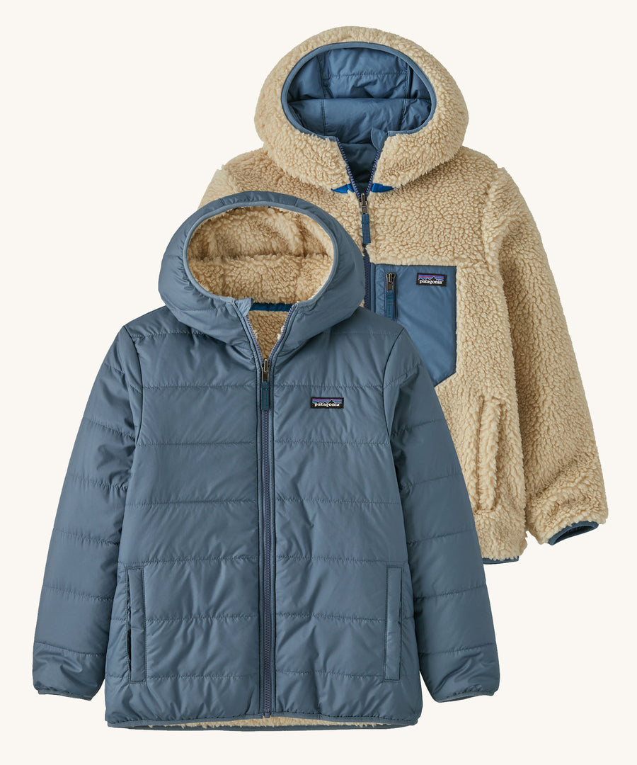 Patagonia Kids Reversible Ready Freddy Hoody in a Utility Blue colour showing both sides on a plain background. 