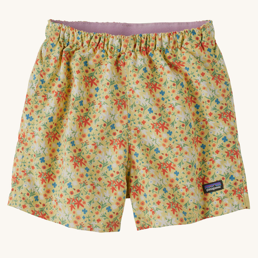 Patagonia Little Kids Quickdry Baggies Shorts - Little Isla / Milled Yellow are light yellow baby shorts with a delicate floral print.