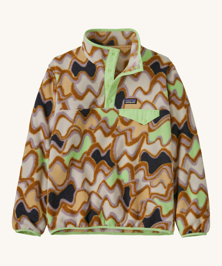 Patagonia Kids Synchilla fleece Snap-T pull over top in the Currents pattern on a plain background.