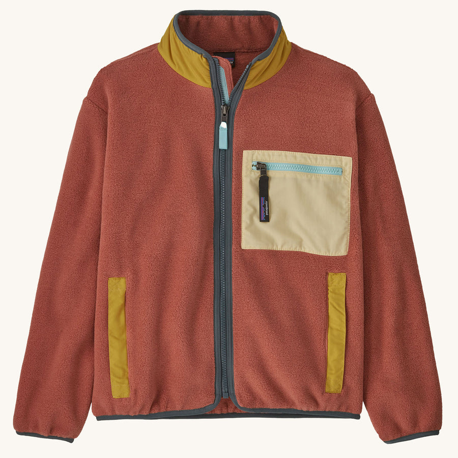 Patagonia Kids Synchilla Fleece Jacket - Burl Red on a plain background.