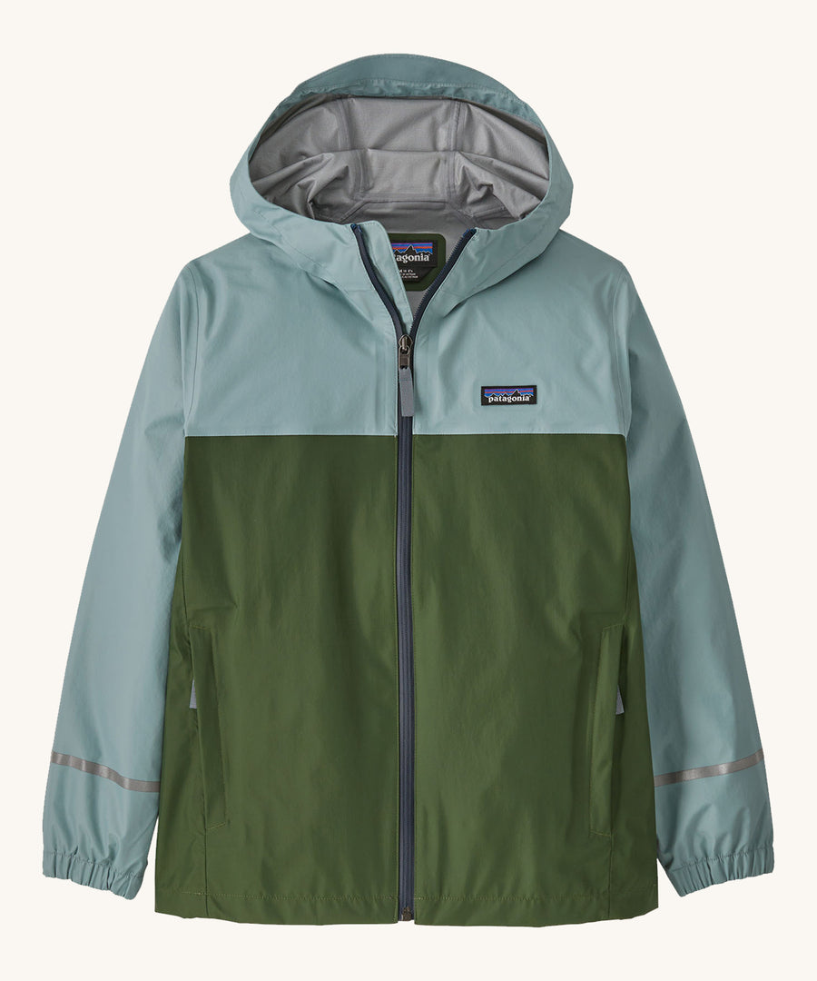 Patagonia Kids Torrentshell 3L Rain jacket in a thermal Blue colour on a plain background.