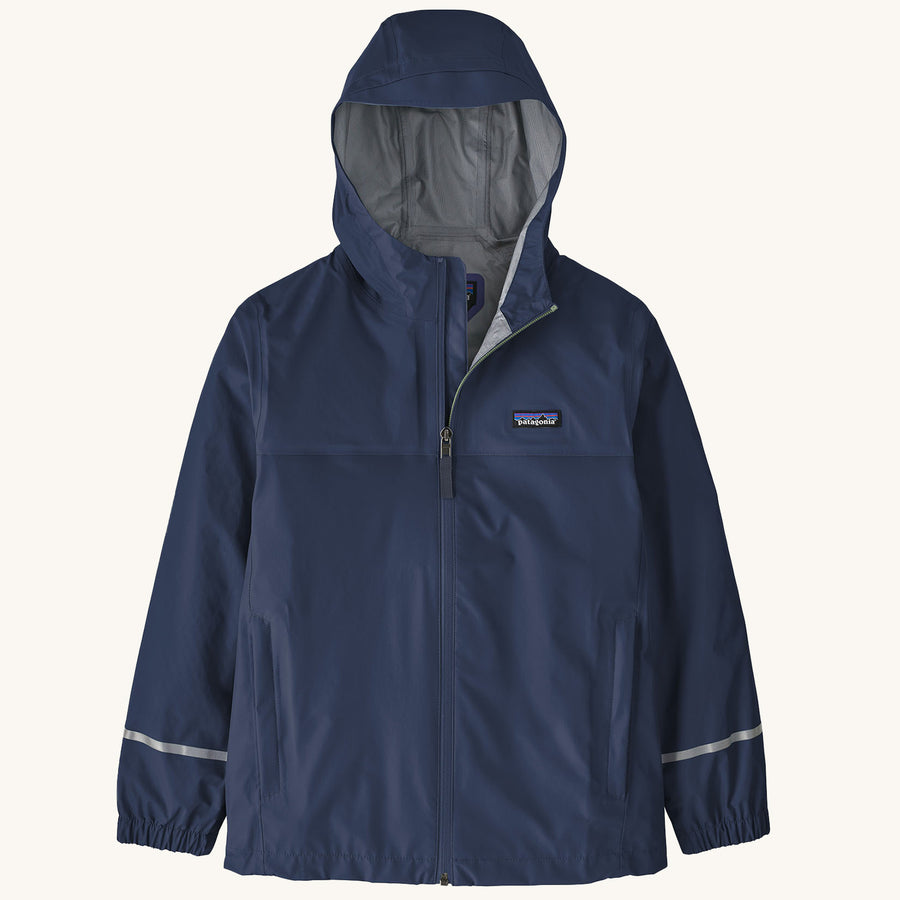 Patagonia Kid's Torrentshell 3-Layer Waterproof Rain Jacket - New Navy on a plain background.