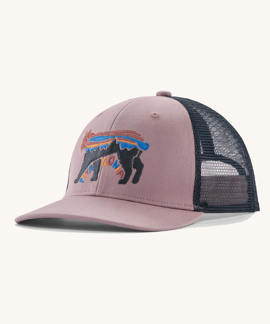 Patagonia Kids Trucker Hat in a Stormy Mauve colour on a plain background.