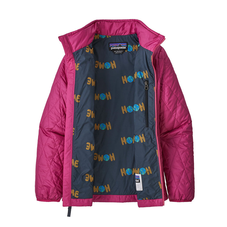 Patagonia Kids' open Nano Puff Jacket in Mythic Pink with a navy lining with 'home' printed inside