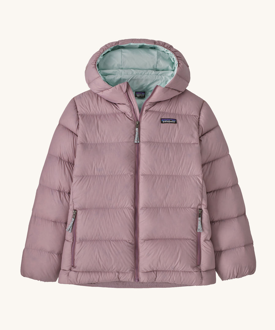 Patagonia Kids Hi-Loft Down Sweater Hoody in a Stormy Mauve on a plain background. 